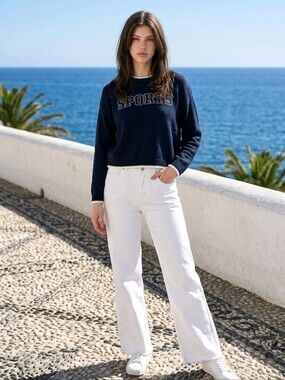 Sincerly Jules Navy Crewneck with White Trim and SPORT Applique